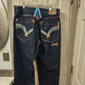 Coogi Australian Embroidered Dark Wash Jeans Baggy 36x34 Embroidered 90s Hip Hop